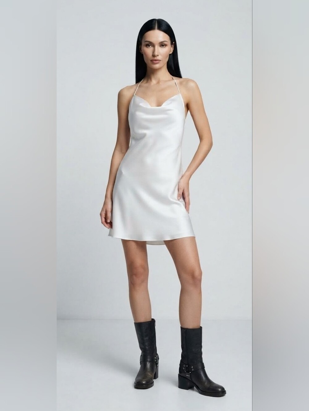 Satin Cowl Neck Slip Mini Dress in White